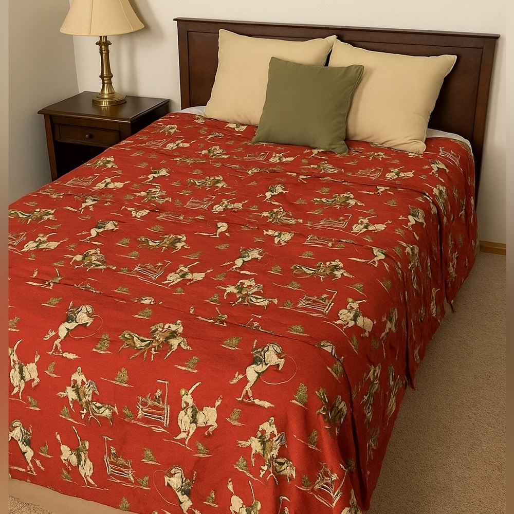Vintage Red Cowboy Horses Rodeo Print comforter blanket Plaid Sided